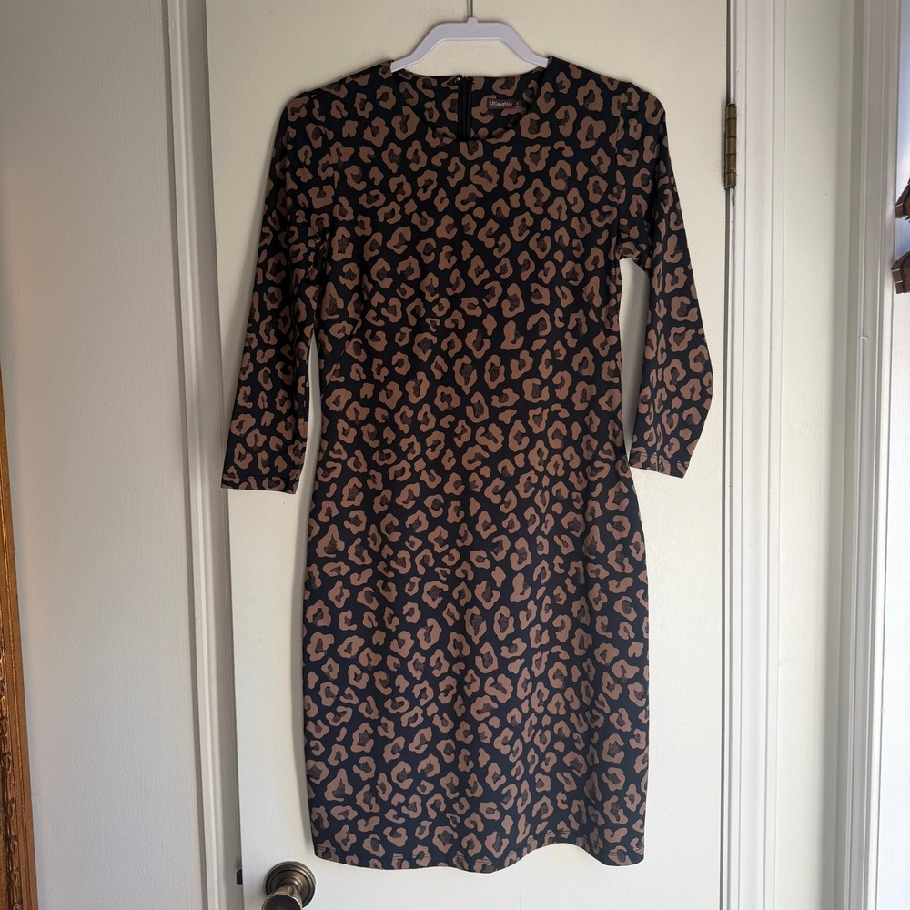 J.McLaughlin Leopard Print Sheath Dress Brown Black 3/4 Sleeve Matte Jersey S